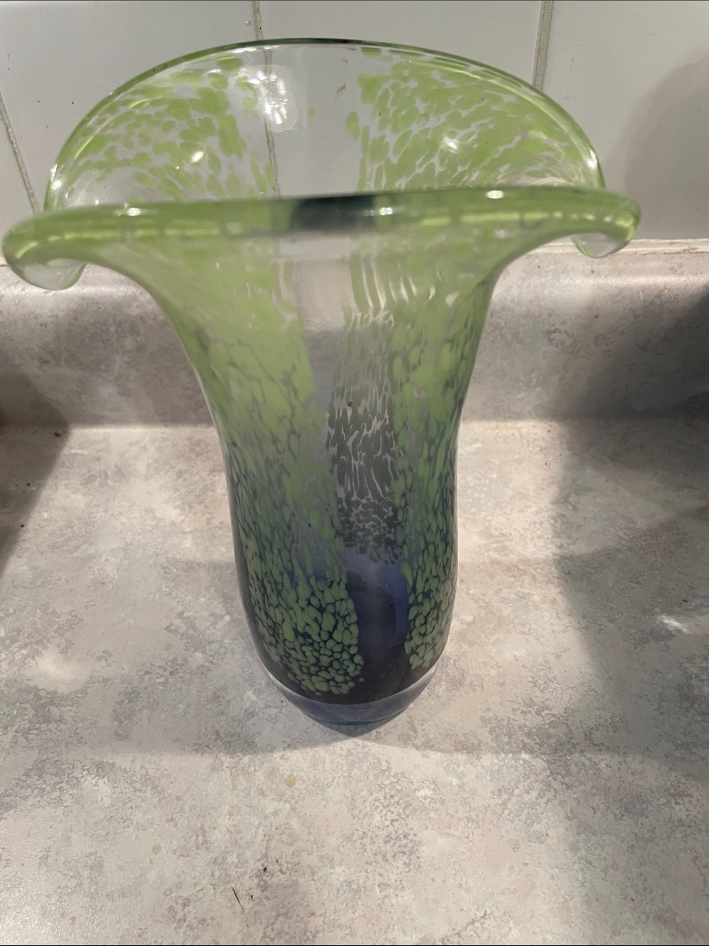 Handblown Art Glass Trumpet Vase in Green and Blue